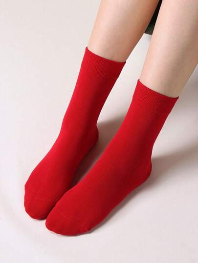 5 pares de calcetines cortos de color rojo sólido de fibra de poliéster, adecuados para todas las temporadas