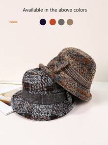 1 件装时尚女士帽子撞色蝴蝶结羊毛面料中年女士渔夫帽适合秋冬季日常户外活动 - 彩色 - 查看 1