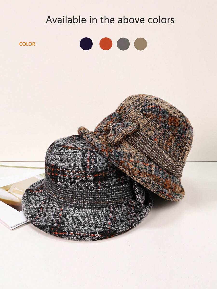 1 件装时尚女士帽子撞色蝴蝶结羊毛面料中年女士渔夫帽适合秋冬季日常户外活动 - 彩色 - 查看 1