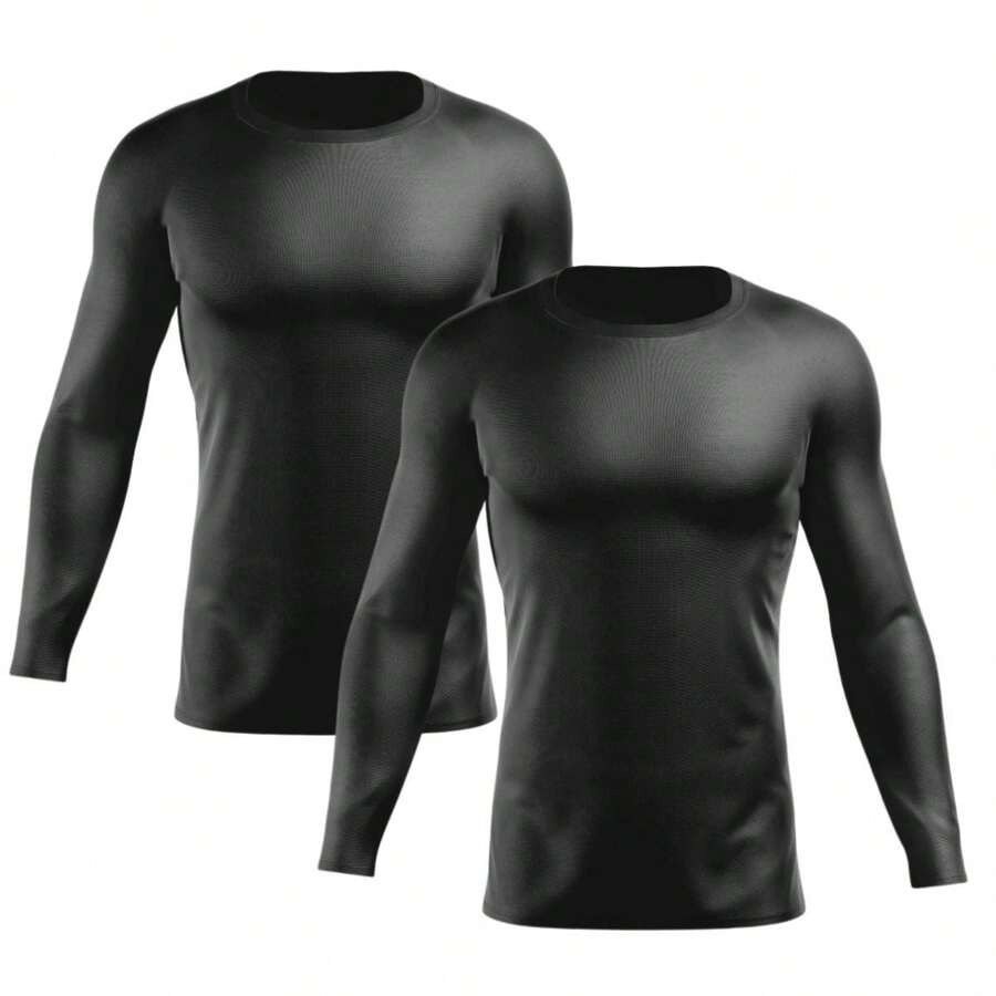 Kit 2 Men's Thermal Shirts Sun Protection UV 50+ Second Skin T-Shirt Cold Heat Long Sleeve - 黑色 - 查看 1