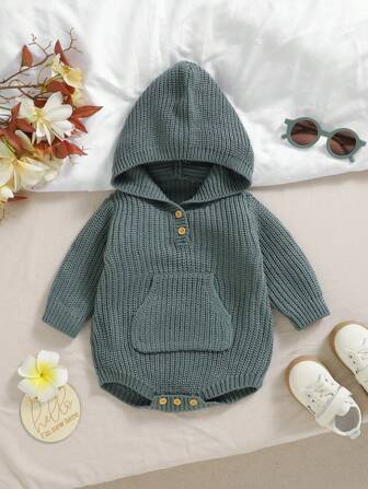 男婴纯色前扣长袖简约口袋连帽连体衣，休闲日常穿着