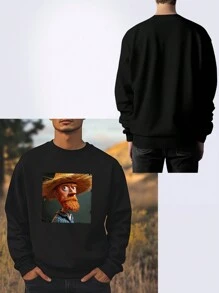 Customized Christmas Personalized Photo Printed Men's Black Crew Neck Sweatshirt, Upload Your Photo/Pet Photo/Family Photo, Suitable For Halloween, Christmas, Birthday, Valentine's Day, Father's Day, Party Anniversary - Black - View 3