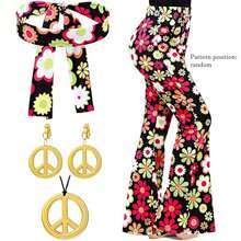 5pcs/Set 70s Retro Hippie Style Women Pants Outfit, Disco Party Costume, Includes Peace Sign Earrings, Necklace, And Headband, Printed Pattern, Suitable For Christmas Party - Multicolor - View 21