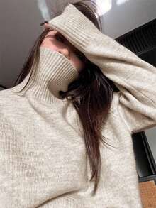 High-Neck Dropped Shoulder Solid Color Casual Sweater, Autumn/Winter - Apricot - View 2