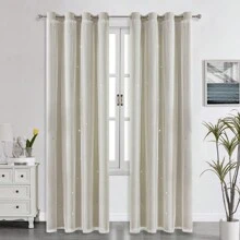 2pcs/Set Panel Curtains - Beige Solid Curtains With Laser Cut Star Holes To Darken Room, Suitable For Bedroom, Decor Home Curtain For Girls Room, Living Room