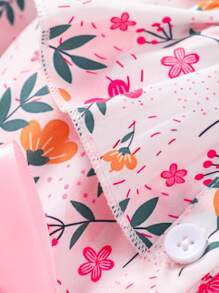 1 pièce Robe à col et manches longues avec imprimé floral et filet avec ceinture à la taille pour jeune fille - Rose bonbon - Voir 7