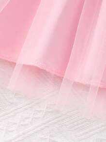 1 pièce Robe à col et manches longues avec imprimé floral et filet avec ceinture à la taille pour jeune fille - Rose bonbon - Voir 8