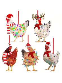 5 件 - 圣诞鸡饰品，圣诞鹿角装饰，戴着圣诞帽的鸡，身上有灯，红围巾，节日公鸡吊坠，快乐亚克力鸡装饰，无需电力和羽毛，适用于圣诞树、圣诞节 - 彩色 - 查看 9