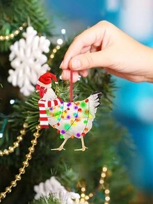 5 件 - 圣诞鸡饰品，圣诞鹿角装饰，戴着圣诞帽的鸡，身上有灯，红围巾，节日公鸡吊坠，快乐亚克力鸡装饰，无需电力和羽毛，适用于圣诞树、圣诞节 - 彩色 - 查看 3