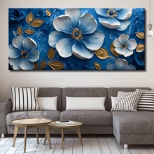 Art Deco Modern Canvas Wall Art - Framed Encaustic Blue Flower Painting For Home Office, Living Room, Bedroom | Pine Wood Frame | Indoor & Outdoor Landscape Decor | Spring & Summer Theme - A - View 3