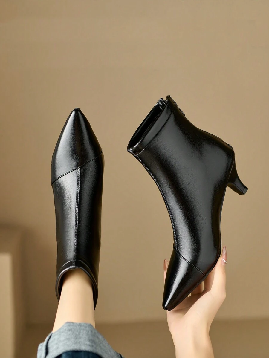 黑色尖头时尚短靴，细跟，性感优雅风格，秋冬，女靴 - 黑色 - 查看 1