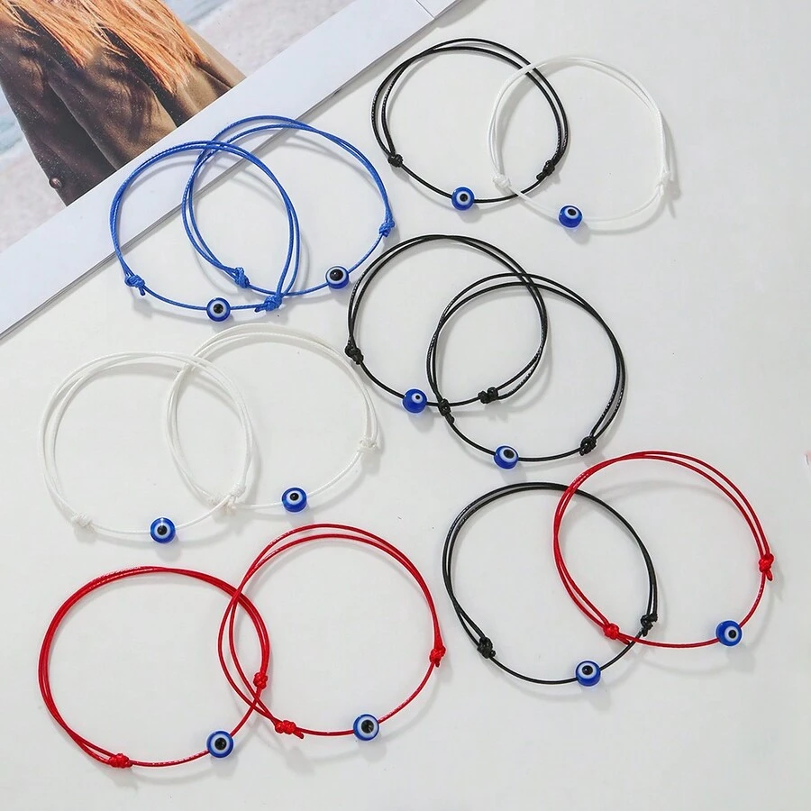 1 套 2 件波西米亚风格彩色绳缠绕邪眼可调节分层手链套装，适合日常佩戴或搭配服装 - 惡魔之眼手鍊 - 查看 1