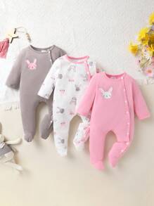 3pcs Set Casual Elegant Sweet Cute Baby Girl Autumn Outfit, Cartoon Rabbit Print Oblique Button Round Neck Long Sleeve Romper