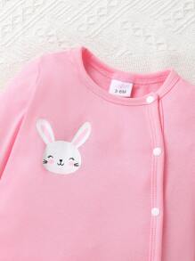 3pcs Set Casual Elegant Sweet Cute Baby Girl Autumn Outfit, Cartoon Rabbit Print Oblique Button Round Neck Long Sleeve Romper