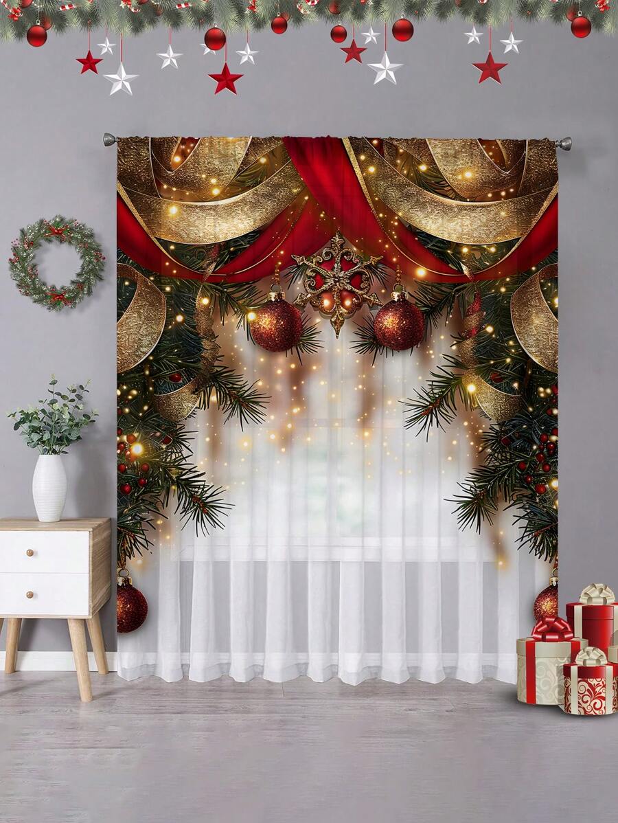 1 件圣诞装饰薄纱窗帘，秋季家居装饰，圣诞气球，雪花，圣诞树，圣诞球，圣诞印花窗帘，杆袋印花窗帘，卧室、办公室、厨房、客厅的窗户装饰，100g/平方米