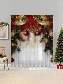 1 件圣诞装饰薄纱窗帘，秋季家居装饰，圣诞气球，雪花，圣诞树，圣诞球，圣诞印花窗帘，杆袋印花窗帘，卧室、办公室、厨房、客厅的窗户装饰，100g/平方米
