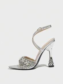 Giày cao gót đính đá Rhinestone 2024 dành cho nữ, Giày cao gót mũi kín phong cách Pháp thời trang, Mùa hè - Bạc - Xem 6