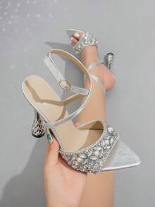 Giày cao gót đính đá Rhinestone 2024 dành cho nữ, Giày cao gót mũi kín phong cách Pháp thời trang, Mùa hè - Bạc - Xem 2