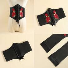 1pc Women's Embroidered Rose Waist Belt, Elastic Waist Cincher, European & American Style Dress Accessory Valentine's Day Costume - Black - View 3