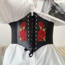 1pc Women's Embroidered Rose Waist Belt, Elastic Waist Cincher, European & American Style Dress Accessory Valentine's Day Costume - Black - View 1