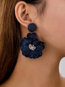 1 Pair Women Fashion Denim Flower Earrings, Suitable For Daily, Festival, Party Wear - Denim Blue - View 7