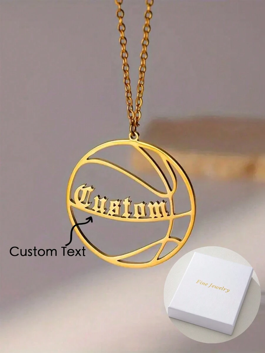 趣味逼真空心线篮球款可定制英文名字吊坠项链，运动款，时尚日常领口配饰，DIY生日礼物，男士时尚首饰， - 金黃色 - 查看 1