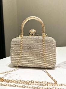 1pc Gold Glitter Luxury Rhinestone Decor Women's Evening Handbag, Metal Chain Strap Fashion Elegant Mini Clutch Purse, Suitable For Formal Gala, Wedding, Party