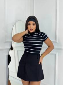 Basic Striped Ribbed Blouse Premium Casual Foreign Fashion Basic T-Shirt T-Shirt - 黑與白 - 查看 1