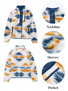 Astylish Giacca in pile con maniche lunghe, bottoni e tasche con zip, con motivo geometrico, da donna - Multicolore - Visualizzare 2