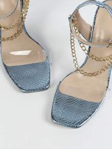 Vrouwen Slangenhuidpatroon Transparante Band Gesp Metalen Ketting Open Teen Stiletto Hoge Hak Sandalen - Elegante, Glamoureuze, Trendy Mode Party Sexy Blauwe Hoge Hakken
