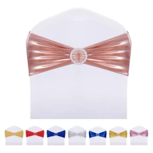 10pcs Metallic Foil Chair Sash, Chair Bow Tie Decor, Elastic Band With Buckle Slider, Bow Tie-Free Chair Back Flowers, Chair Cover Decoration, Suitable For Wedding Party Events, Banquet Decor