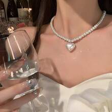 1 件法式复古心形玻璃仿珍珠项链，优雅精致的锁骨链，适合女性日常佩戴 - 白色 - 查看 4