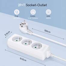 1 dây nguồn mở rộng có 3 ổ cắm, 16A 2P+E, chiều dài cáp 5m, bảo vệ an toàn cho trẻ em, màu trắng phù hợp với tiêu chuẩn Pháp - Phích cắm loại EU E (220-240V) - Xem 2