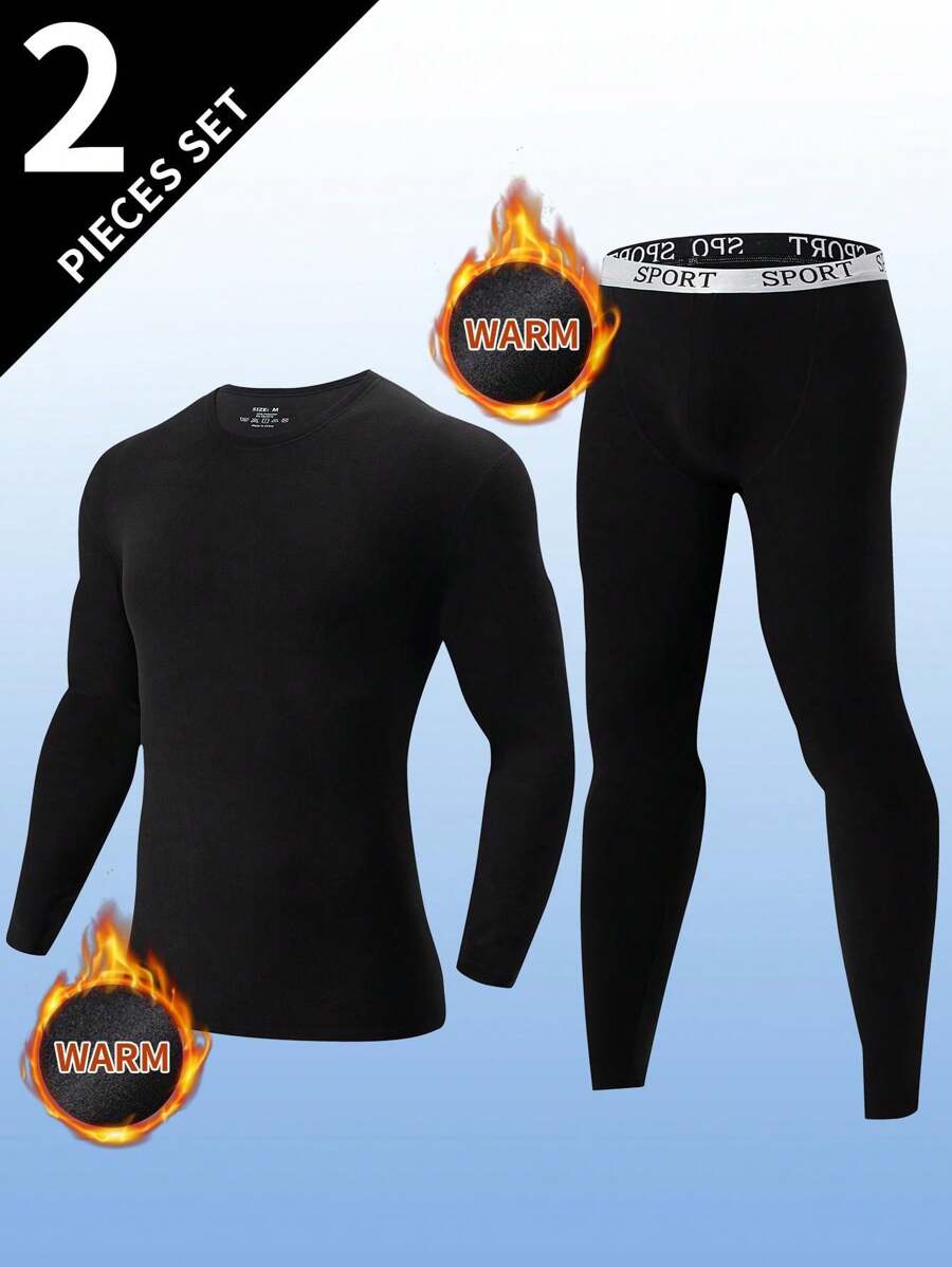 2pcs Men's Thermal Underwear Set, Fashion Casual Base Layer, Autumn/Winter - Black - View 1