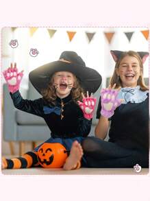 可爱毛绒猫爪冬季保暖女童半指手套，可爱挂脖韩国卡通厚毛绒儿童手套 - 彩色 - 查看 4