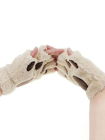 Cute Plush Cat Paw Winter Warm Half Finger Gloves For Girls, Adorable Halter Korean Cartoon Thick Plush Children Hand Gloves
