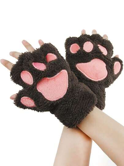 Cute Plush Cat Paw Winter Warm Half Finger Gloves For Girls, Adorable Halter Korean Cartoon Thick Plush Children Hand Gloves