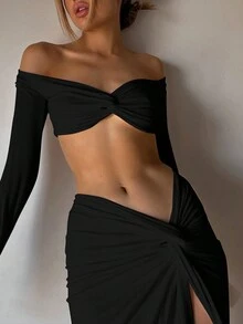 Women Sexy Ruched Off-Shoulder Crop Top&Slit Skirt 2 Pieces Sets Fashion Party Vacation Elegant Holiday Fall Winter Clothes - Black - View 4