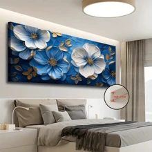Art Deco Modern Canvas Wall Art - Framed Encaustic Blue Flower Painting For Home Office, Living Room, Bedroom | Pine Wood Frame | Indoor & Outdoor Landscape Decor | Spring & Summer Theme - A - View 5