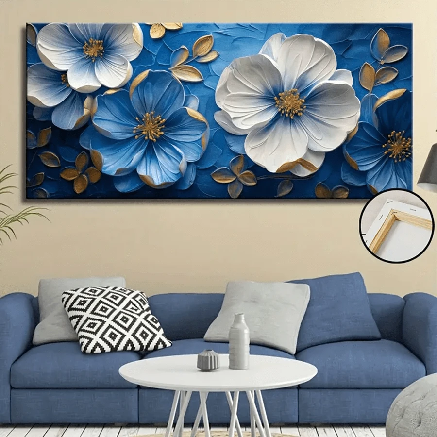 Art Deco Modern Canvas Wall Art - Framed Encaustic Blue Flower Painting For Home Office, Living Room, Bedroom | Pine Wood Frame | Indoor & Outdoor Landscape Decor | Spring & Summer Theme - A - View 1