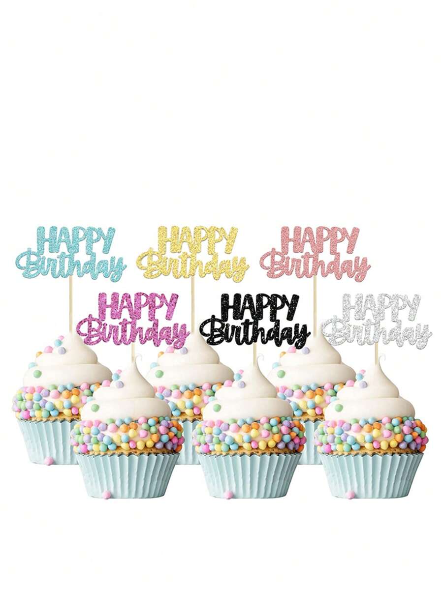 12pcs Happy Birthday Multicolor Paper Cupcake Toppers, Cake Decorations For Birthday Party Back To School Valentine's Day