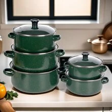 Set de 5 piezas Ollas esmaltadas de porcelana con diseño de estrellas, incluye olla de sopa, cacerola y olla guisera, de alta calidad y durabilidad, en variedad de tamaños, adecuadas para cocina a gas, vitrocerámica y llama abierta, utensilios de cocina para la cocina y el comedor - Multicolor - Ver 10