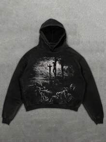 Men's Casual Jesus Print Pullover Hoodie, Versatile Long Sleeve Dropped Shoulder Sweatshirt - Black - View 1