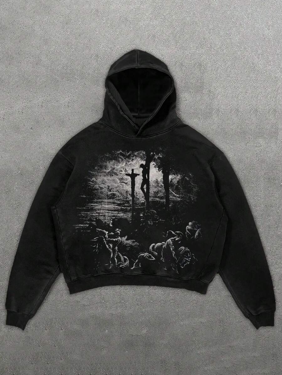 Men's Casual Jesus Print Pullover Hoodie, Versatile Long Sleeve Dropped Shoulder Sweatshirt - Black - View 1