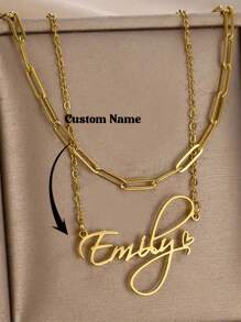 Dây chuyền tên tùy chỉnh, Mặt dây chuyền thép không gỉ hai lớp cho phụ nữ, Thép không gỉ mạ vàng 18K, Trang sức thời trang phong cách cổ điển, Quà tặng cho bạn gái, Mẹ - Vàng - Xem 2
