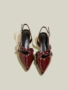 女士酒红色漆皮尖头绑带粗跟高跟鞋，优雅尖头正式高跟鞋，时尚露跟高跟鞋