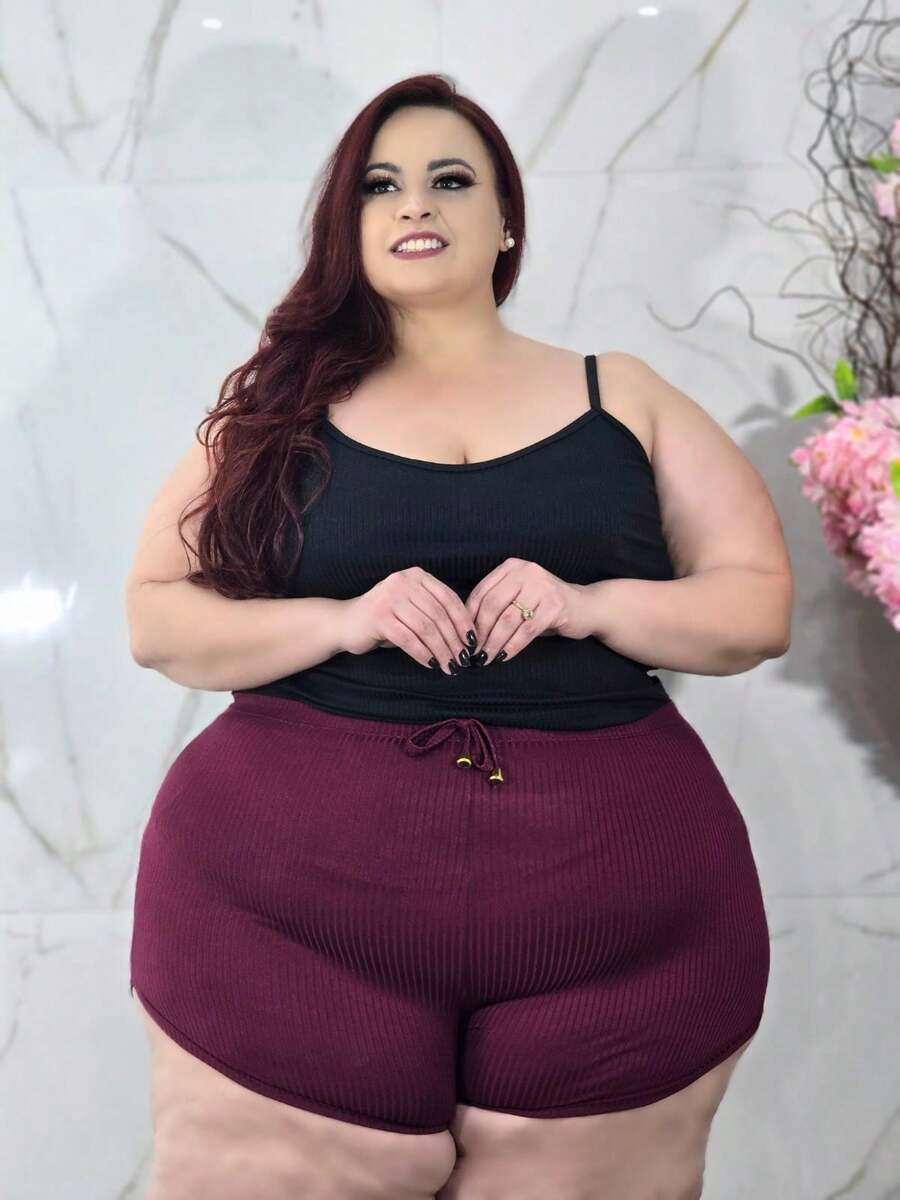 Shorts Short Ribbed Knit Plus Size Large Size Bermuda - 酒紅色 - 查看 1