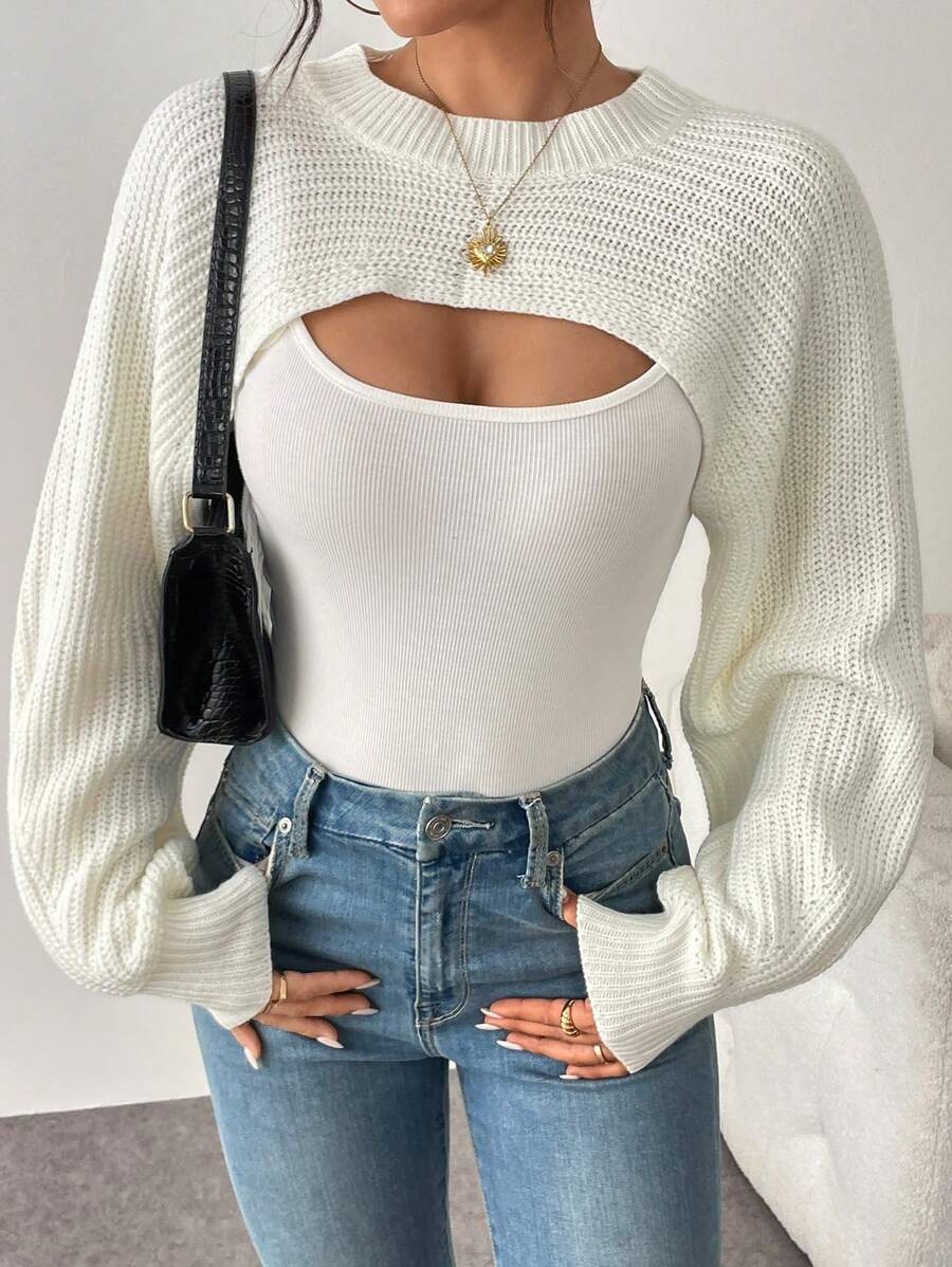 Crew Neck Solid Color Ribbed Asymmetric Hem Pullover Sweater Casual White - White - View 1