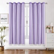 Rèm cửa che nắng đục lỗ hình ngôi sao 2 tấm, màu trơn có ren, rèm trang trí hai lớp bằng vải voan cho phòng ngủ, phòng khách của bé gái - Màu tím - Màu tím - Xem 27