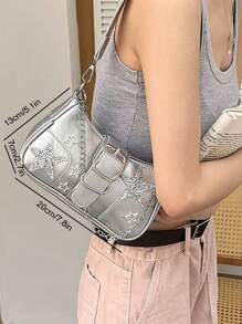 Y2K 风格百搭星月形包，设计独特，甜美酷炫的银色千禧肩带和腋下链条包，非常适合女孩在街头穿着、时尚派对和送礼时佩戴，时尚星星印花女包，时尚新月形女包，时尚星星镂空女包 - 查看 6